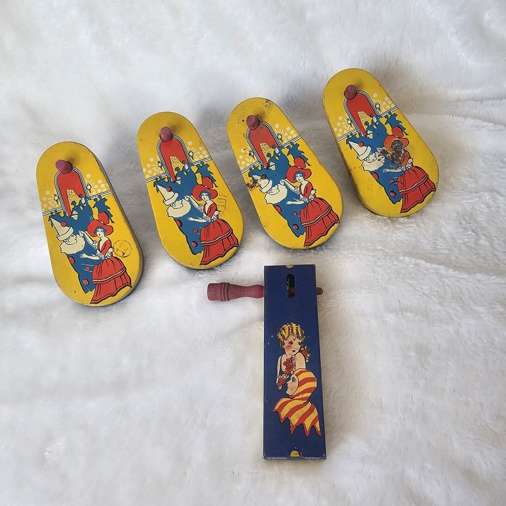 Vintage Kirchhof Tin Litho Noisemaker Set 5pc Pierrot Clown Jester 1928 Patented